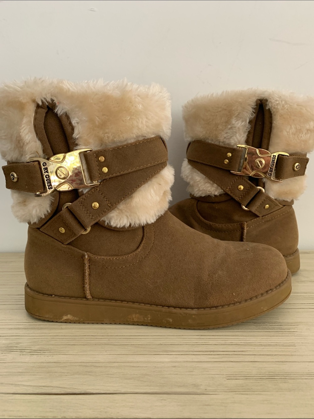 G by Guess Brown Faux-Suede Shearling Cuff Boots with Gold Buckles SZ 7